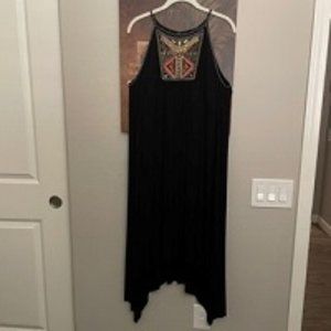 Maxi Asymmetrical Hem Black Dress with Gold/Red Detail Saphetti Straps L  10-14